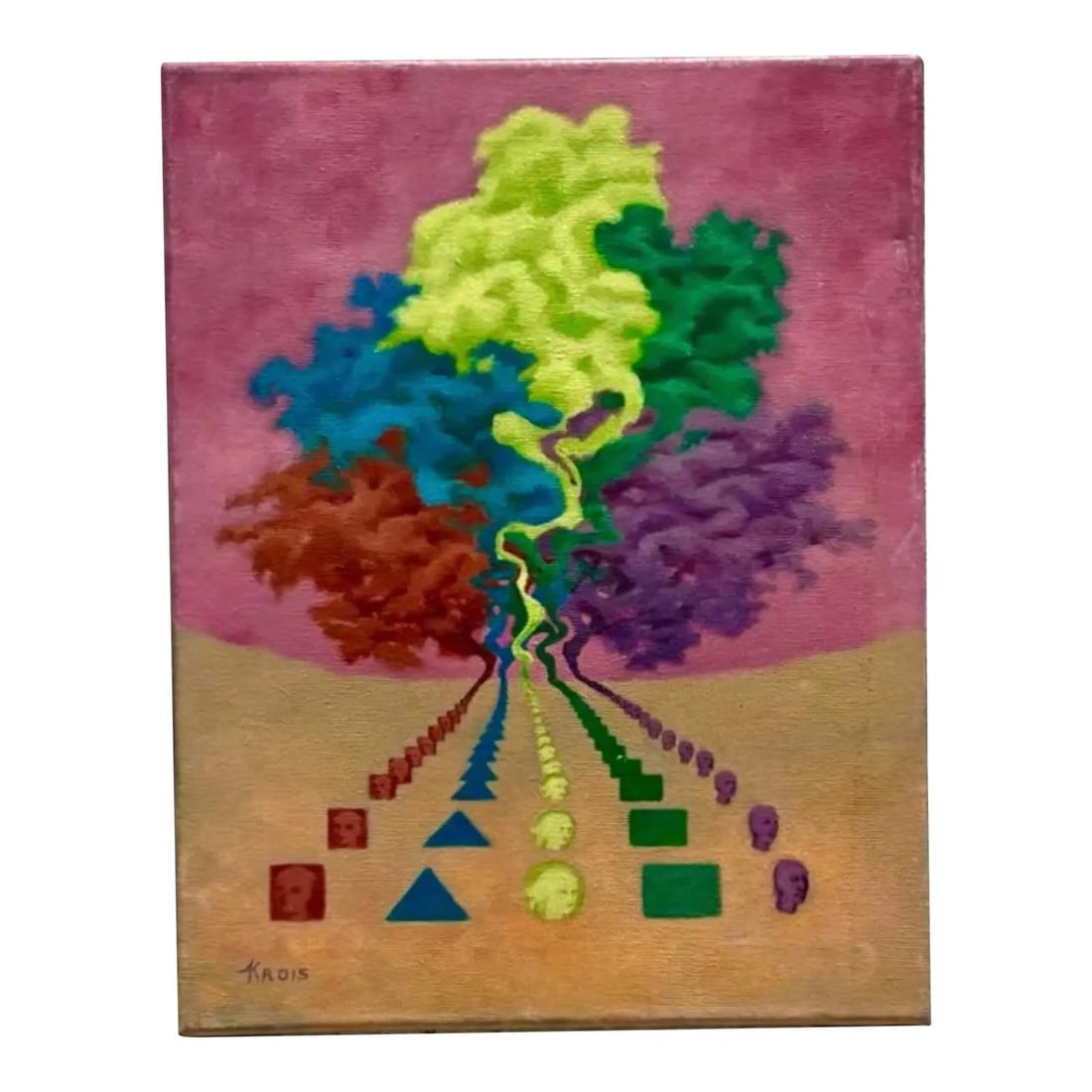 Original Abstract Oil Artwork on Canvas with Geometric Boho Motif: Original Abstract Oil Artwork on Canvas with Geometric Boho Motif This vintage boho abstract oil painting on canvas features rows of geometric forms, including triangles, circles, squares, and heads, 