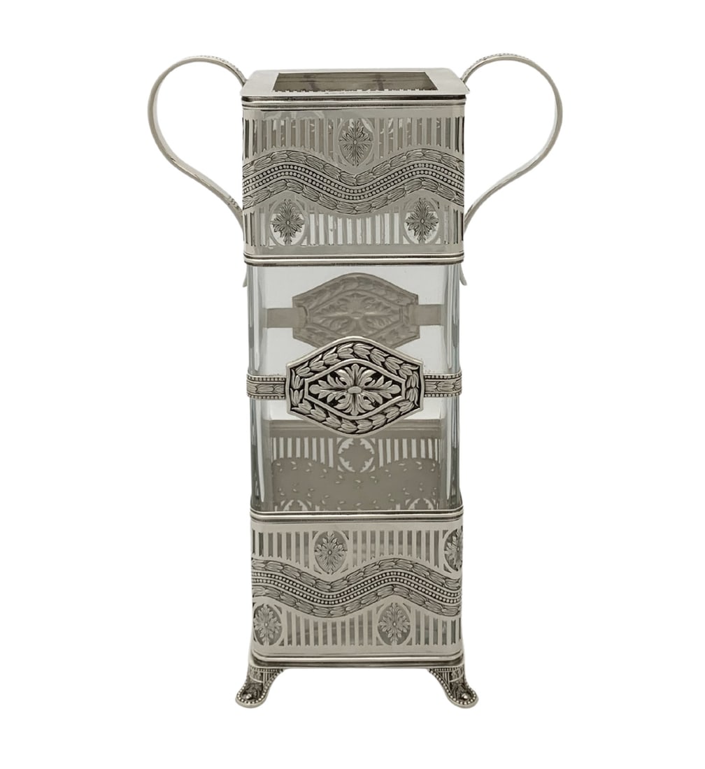 Topazio 925 Sterling Silver Crystal Handmade Square Flower Vase: Topazio 925 Sterling Silver Crystal Handmade Square Flower Vase This exquisite flower vase is crafted from fine Topazio 925 sterling silver and crystal, showcasing a stunning handmade ornate pierced s