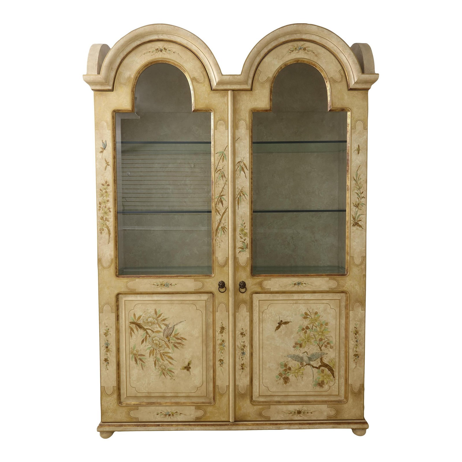 Elegant Chinoiserie 2 Door Bonnet Top China Cabinet with Gold Gilt Highlights: Elegant Chinoiserie 2 Door Bonnet Top China Cabinet with Gold Gilt Highlights This impressive Chinoiserie 2 Door Bonnet Top China Display Cabinet features a stunning painted decor with gold gilt highl