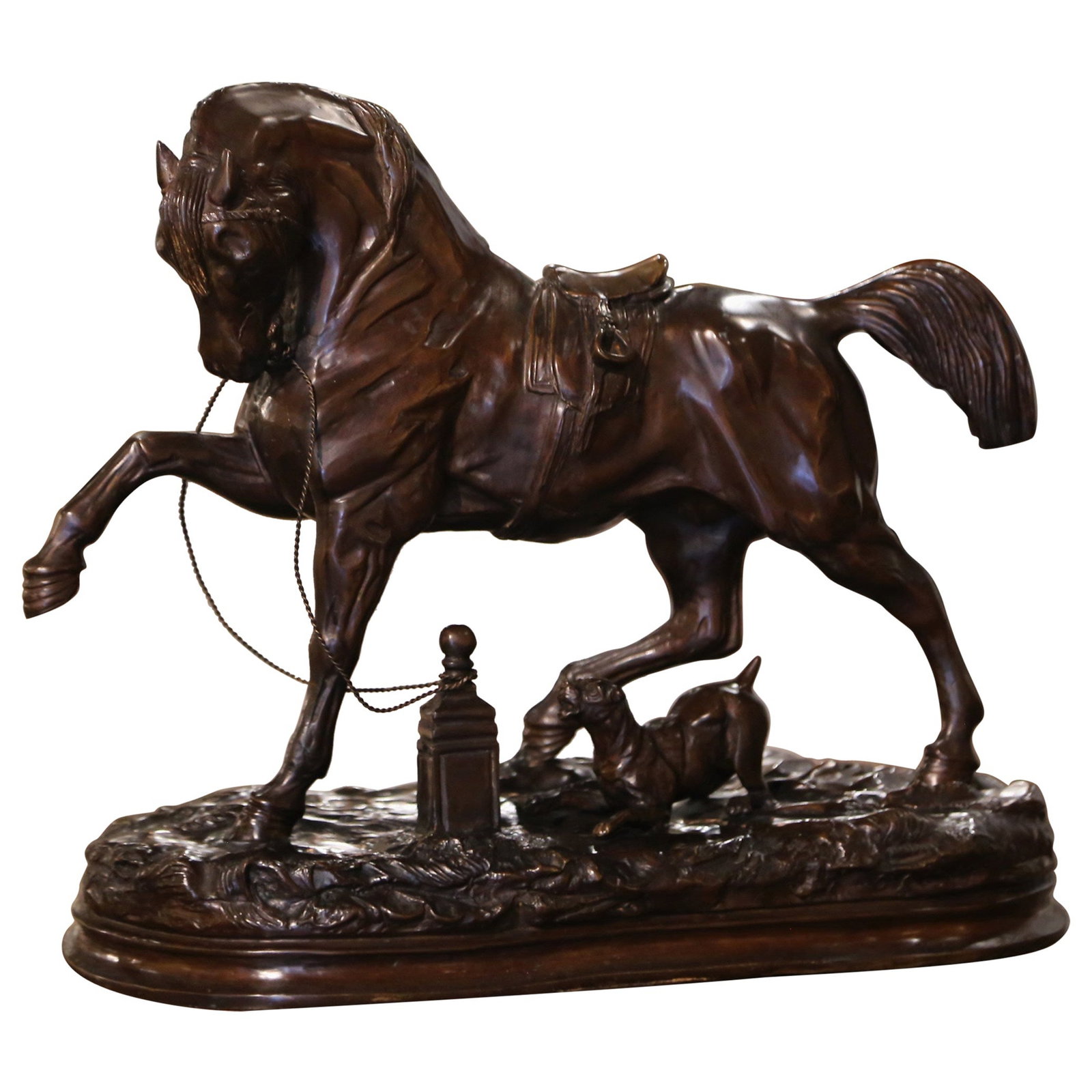 French Patinated Bronze Horse and Dog Statue Attributed to Pierre Lenordez: French Patinated Bronze Horse and Dog Statue Attributed to Pierre Lenordez This mid-century French patinated bronze sculpture, attributed to Pierre Lenordez, depicts an elegant tethered Arabian stalli