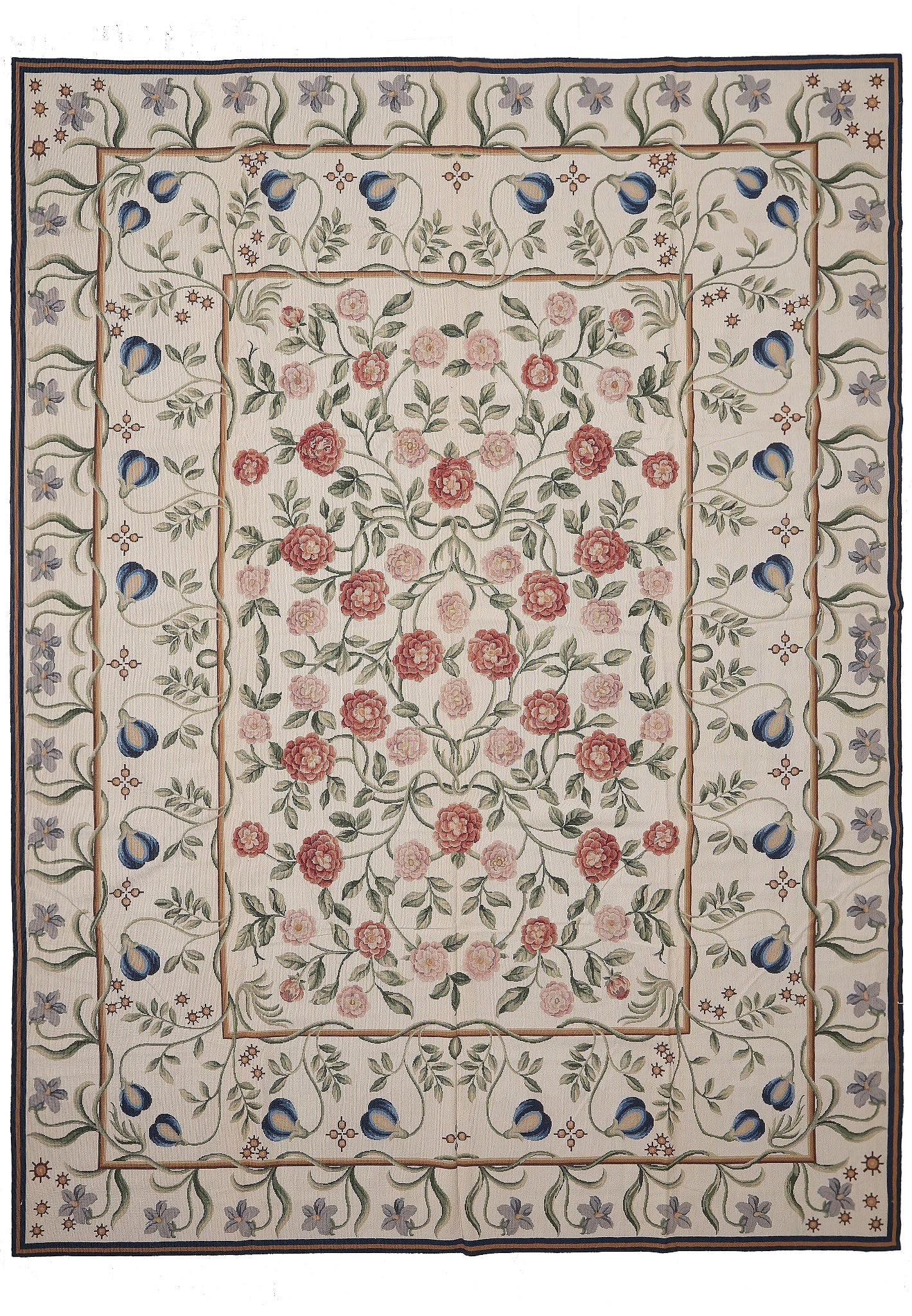 9.3 x 12.3 English Garden Flat Weave Aubusson Rug Floral Medallion Design: 9.3 x 12.3 English Garden Flat Weave Aubusson Rug Floral Medallion Design Free continental US Shipping This 9.3 x 12.3 foot English Garden Flat Weave Aubusson Rug showcases classic European garden mot