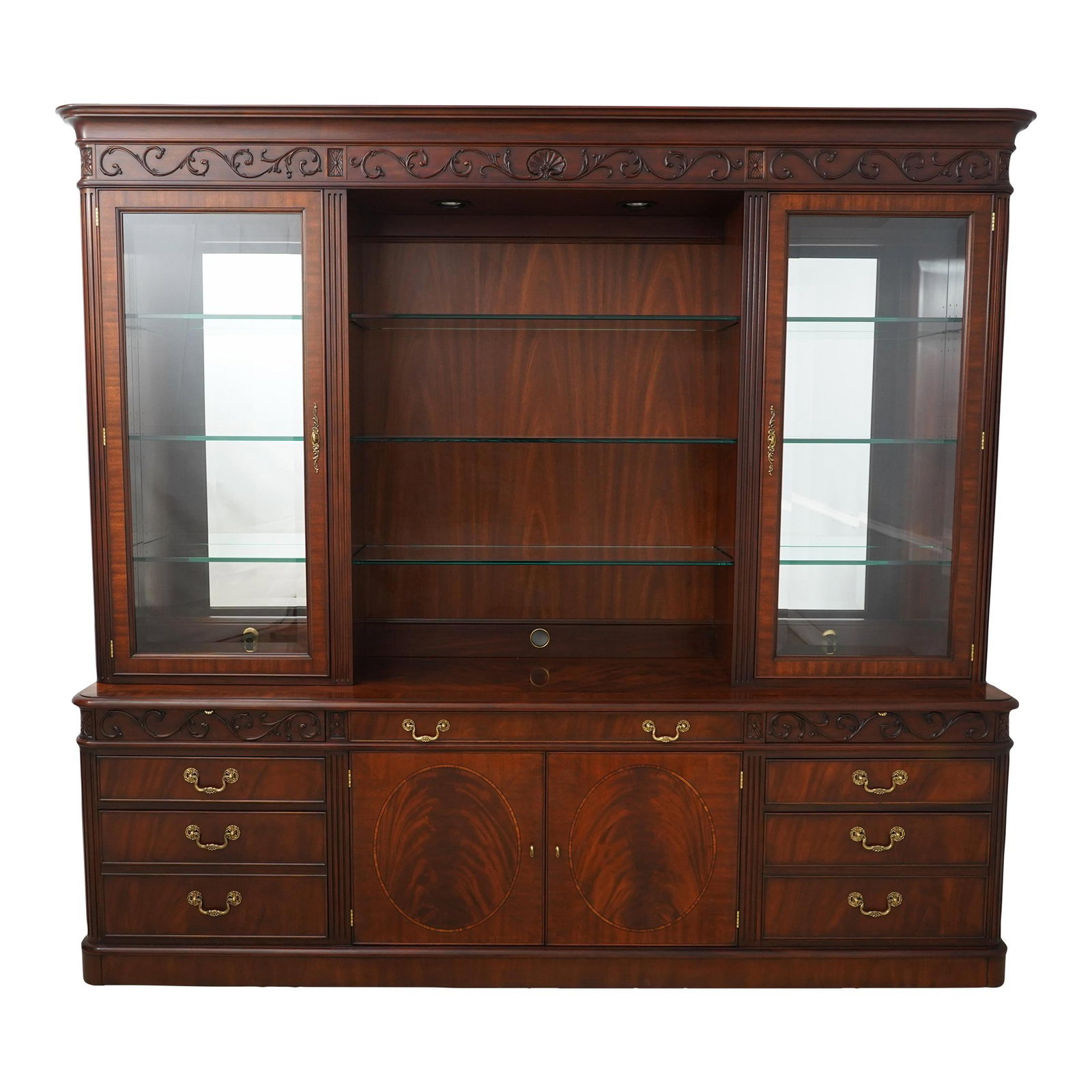 Henkel Harris HHBC-96 Mahogany Credenza Hutch with Lighted Shelves: Henkel Harris HHBC-96 Mahogany Credenza Hutch with Lighted Shelves This stunning Henkel Harris Moore HHBC-96 Mahogany Credenza Hutch showcases exceptional craftsmanship and quality. Crafted from gorge
