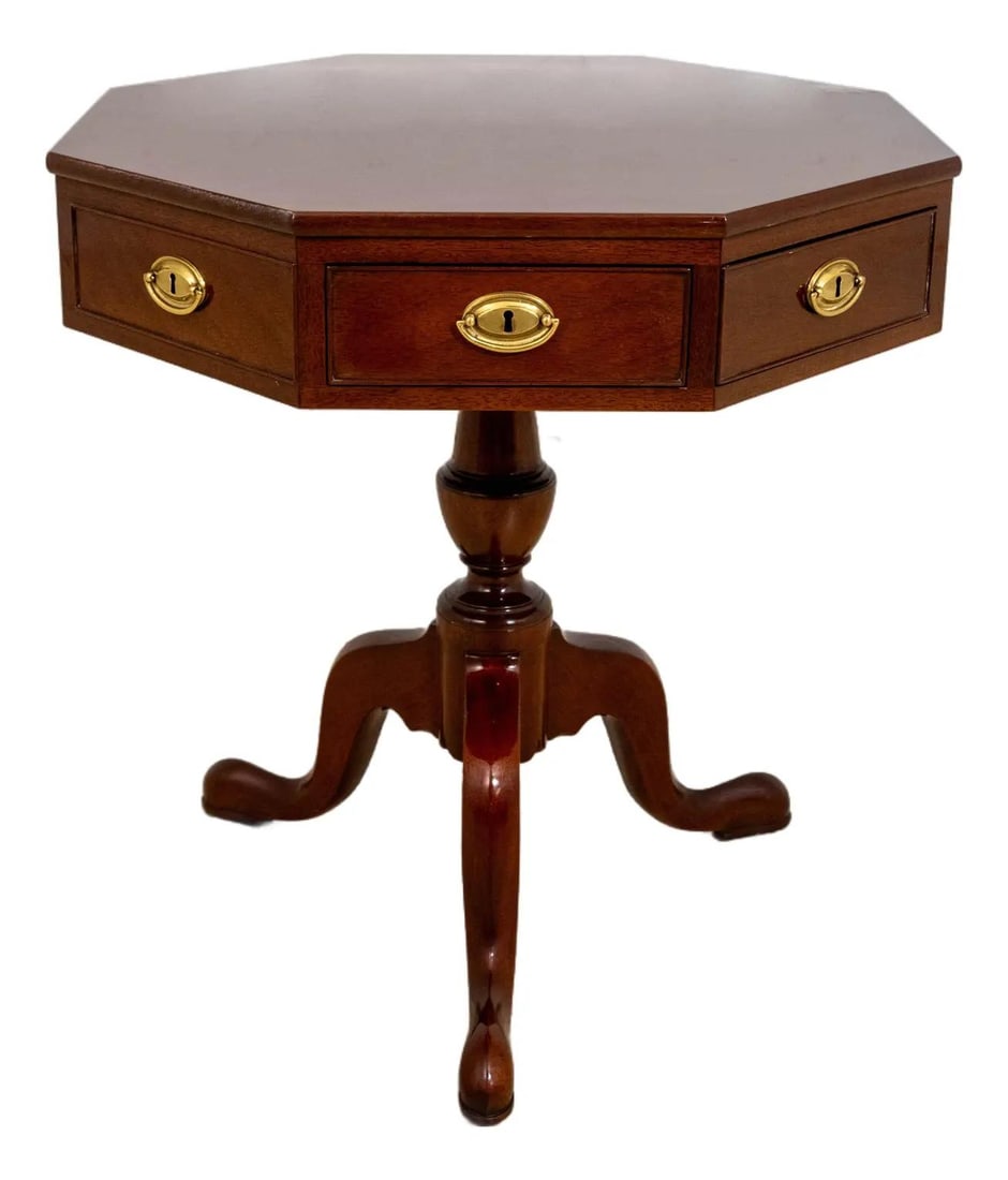 Kindel Winterthur Octagonal Revolving Table Mahogany Finish: Kindel Winterthur Octagonal Revolving Table Mahogany Finish Introducing the exquisite Kindel Octagonal Revolving Top Winterthur Table, a stunning piece that embodies traditional craftsmanship. This ta