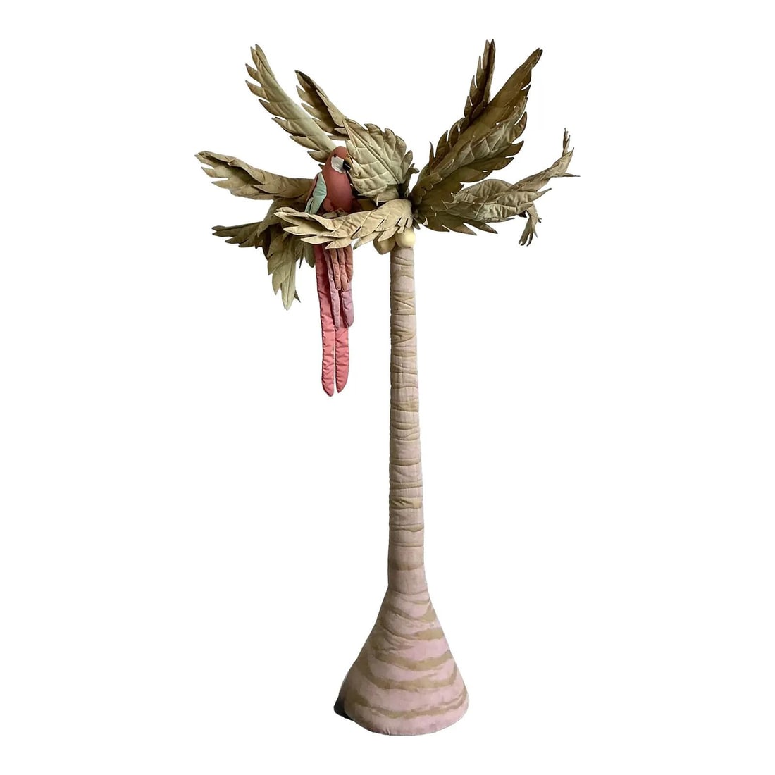 1980s Quilted Textile Palm Tree Sculpture With Removable Fabric Macaw Parrot: 1980s Quilted Textile Palm Tree Sculpture With Removable Fabric Macaw Parrot Capture the playful spirit of the 1980s with this vintage floor-standing soft sculpture palm tree. Crafted from quilted fab