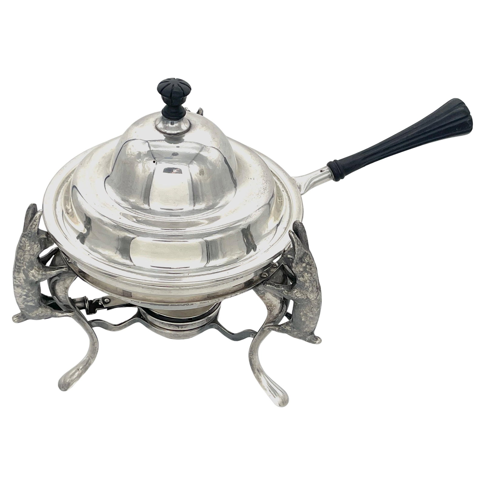 Joseph Heinrichs 3-D Rabbit Chafing Dish Silverplated Ebony 1904: Joseph Heinrichs 3-D Rabbit Chafing Dish Silverplated Ebony 1904 Introducing an exquisite Joseph Heinrichs Silverplated & Ebony 3-D Rabbit Chafing Dish from circa 1904. This extraordinary piece featur