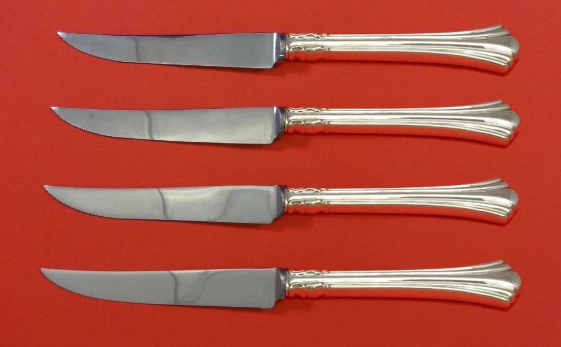 Reed Barton Eighteenth Century Sterling Silver Steak Knife Set 4pc 8.5 Custom: Reed Barton Eighteenth Century Sterling Silver Steak Knife Set 4pc 8.5 Custom This exquisite 4-piece steak knife set from Reed & Barton features the elegant Eighteenth Century pattern. Each knife boas