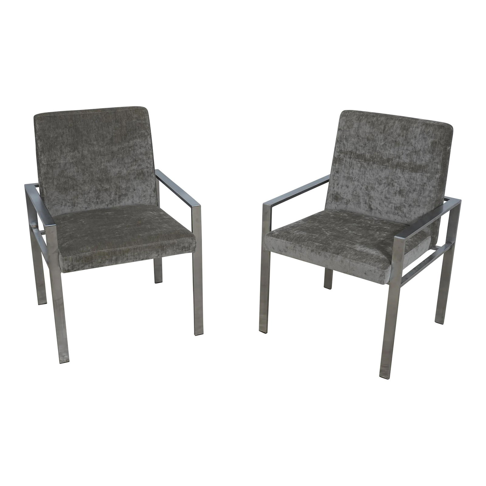Mid Century Modern Steel Armchairs Pair with Upholstered Seats: Mid Century Modern Steel Armchairs Pair with Upholstered Seats Enhance your living space with this stylish pair of Mid Century Modern steel armchairs. Crafted approximately 40 years ago, these chairs 