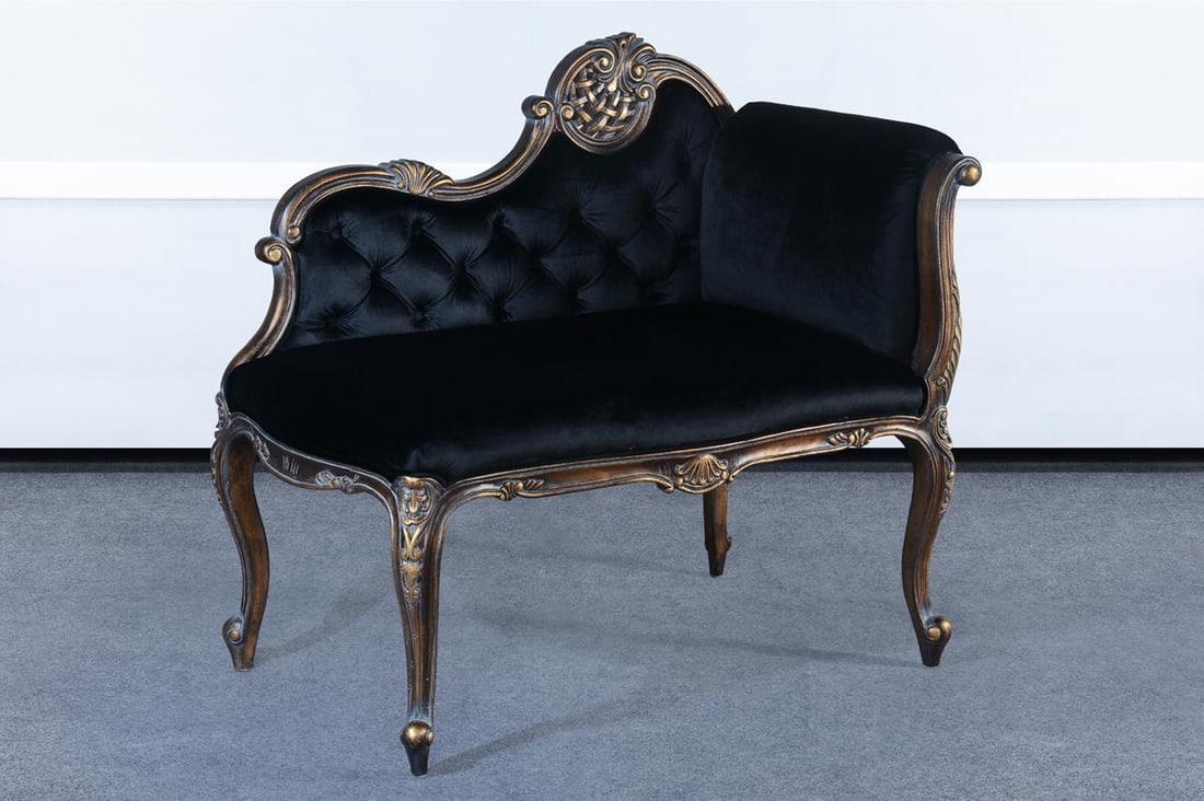 La Rochelle Rococo Black Velvet Settee with Gold Finish: La Rochelle Rococo Black Velvet Settee with Gold Finish Experience elegance with the La Rochelle Black Velvet French Settee, a stunning piece that beautifully blends antique charm with modern comfort.