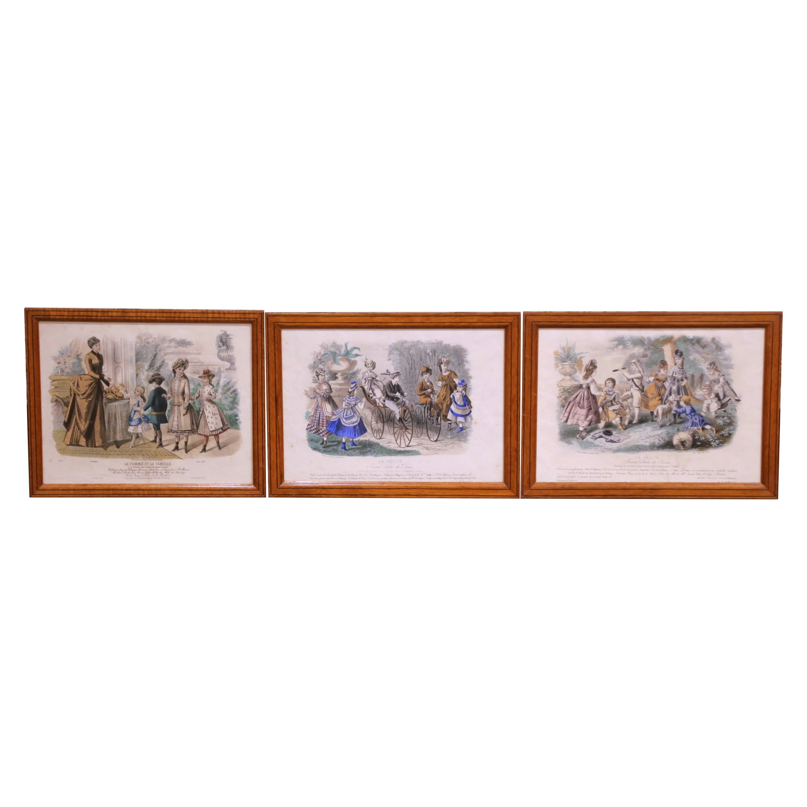 French Napoleon III Hand-Colored Fashion Engravings Trio in Giltwood Frames circa 1880: French Napoleon III Hand-Colored Fashion Engravings Trio in Giltwood Frames circa 1880 This set includes three late 19th-century French hand-colored fashion engravings, each presented in a simple mold