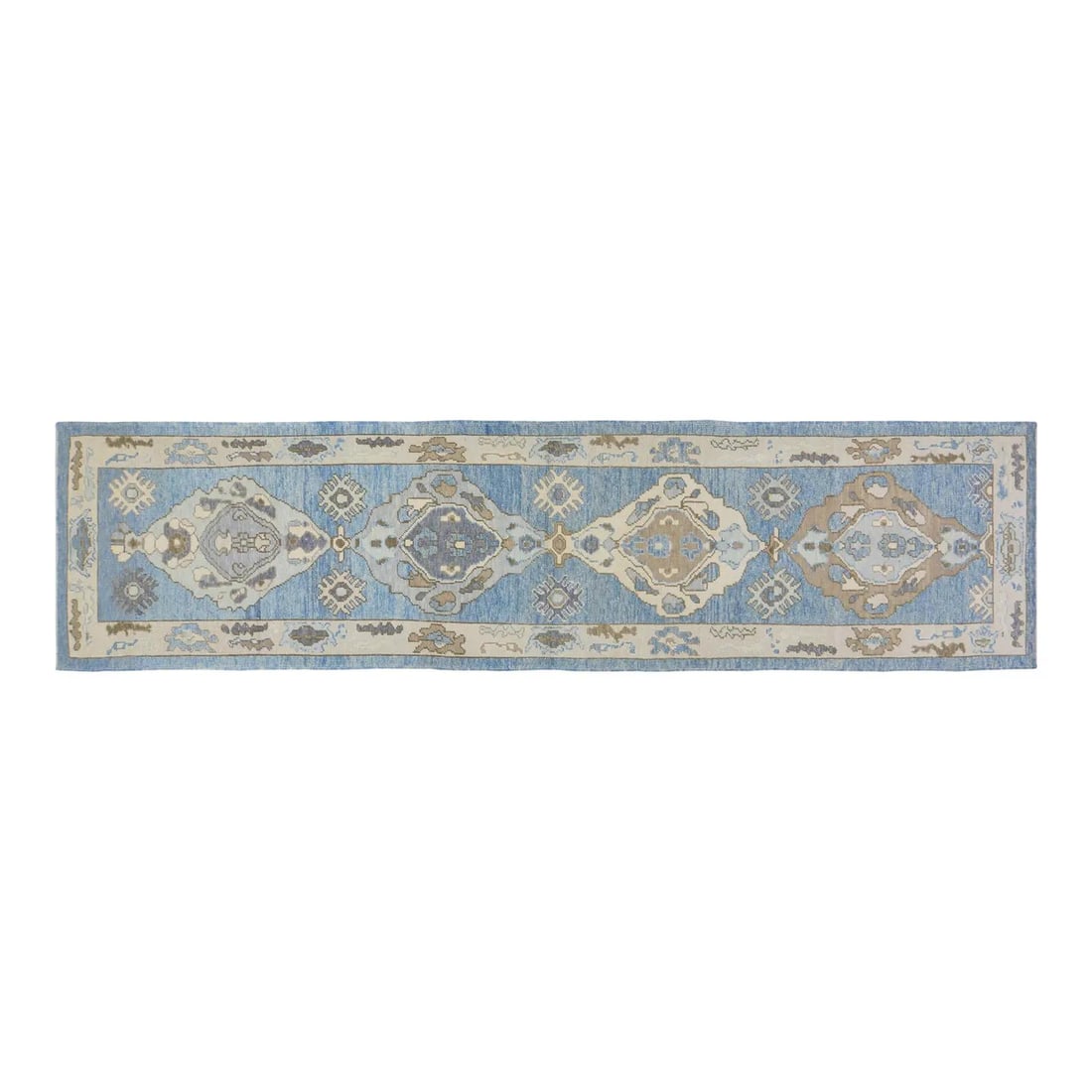 Hand-Knotted Wool Oushak Runner Rug 3'5'' x 13'8'' Turkish Design: Hand-Knotted Wool Oushak Runner Rug 3'5'' x 13'8'' Turkish Design This hand-knotted Turkish Oushak wool rug showcases traditional craftsmanship blended with modern design elements. The rug features a 