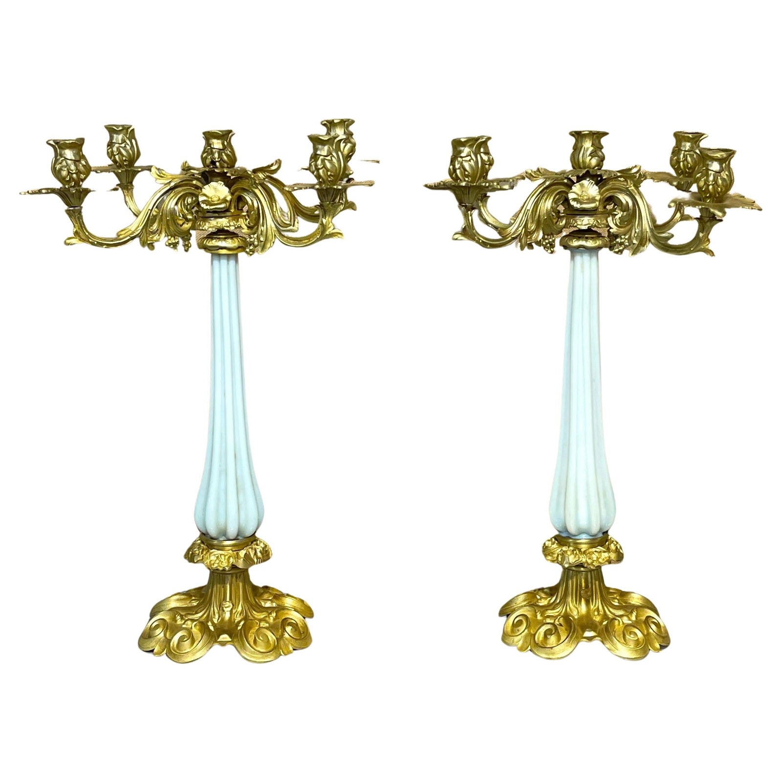 Set of 2 19th Century French Ormolu Opaline Candelabra Palais Royal: Set of 2 19th Century French Ormolu Opaline Candelabra Palais Royal This exquisite pair of 19th-century French Ormolu and Opaline Palais Royal Candelabra, crafted circa 1865, epitomizes the elegance a