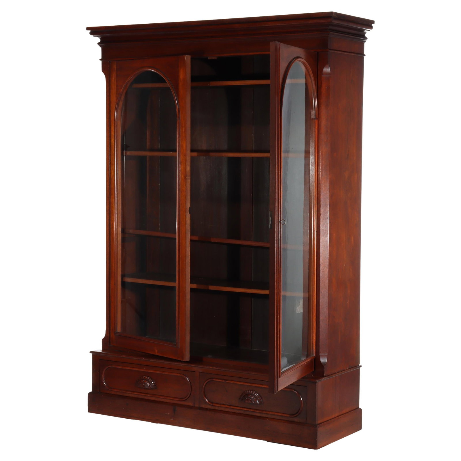 Victorian Walnut Bookcase with Two Doors and Drawers Circa 1890: Victorian Walnut Bookcase with Two Doors and Drawers Circa 1890 This oversized antique Victorian bookcase, dating to around 1890, features two arched-front doors above two lower drawers. Crafted from 