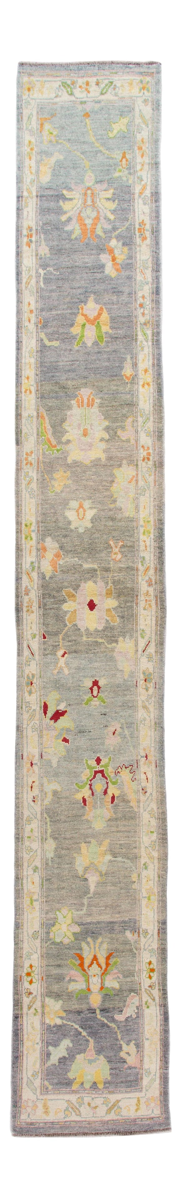 Modern Oushak Handmade Wool Runner 2'10 x 21'10 Gray Floral: Modern Oushak Handmade Wool Runner 2'10 x 21'10 Gray Floral Enhance your space with this stunning Long Modern Oushak Handmade Wool Runner, showcasing a sophisticated gray field decorated with vibrant 
