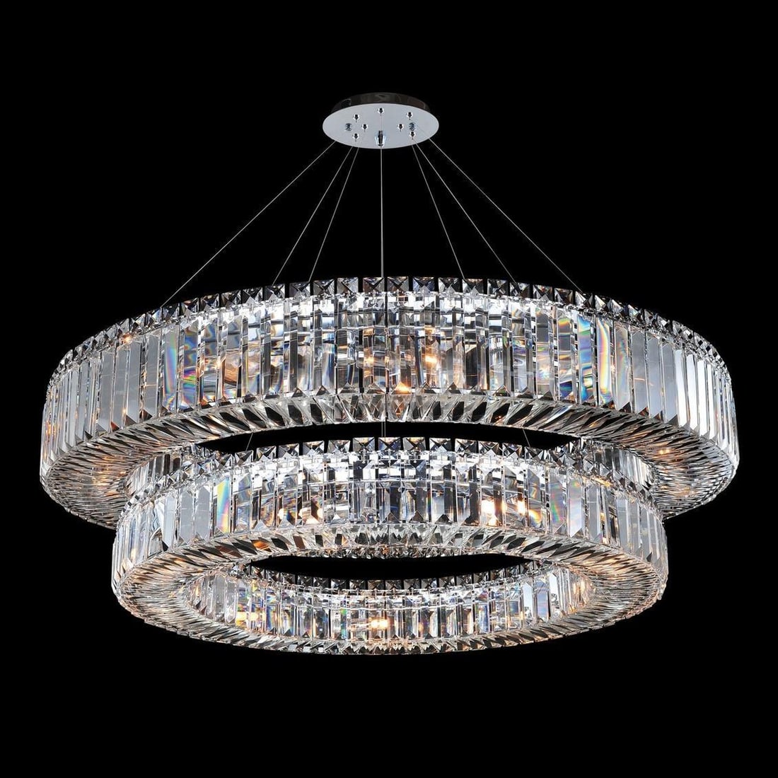 Kalco Rondelle Chrome Finish 2-Tier Crystal Pendant Chandelier: Kalco Rondelle Chrome Finish 2-Tier Crystal Pendant Chandelier Illuminate your space with this stunning Modern Crystal Chandelier, designed to add a touch of elegance to any room. This exquisite penda