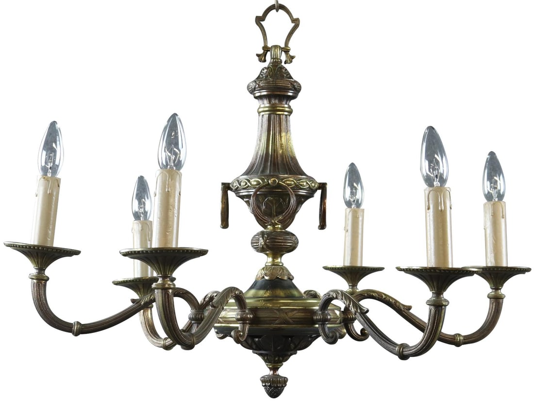 Vintage 6-Light French Empire Bowl Chandelier Metal 1950: Vintage 6-Light French Empire Bowl Chandelier Metal 1950 Illuminate your space with this Elegant French 6-Light Vintage Chandelier, a stunning addition to any room. Crafted from metal, this Empire Sty