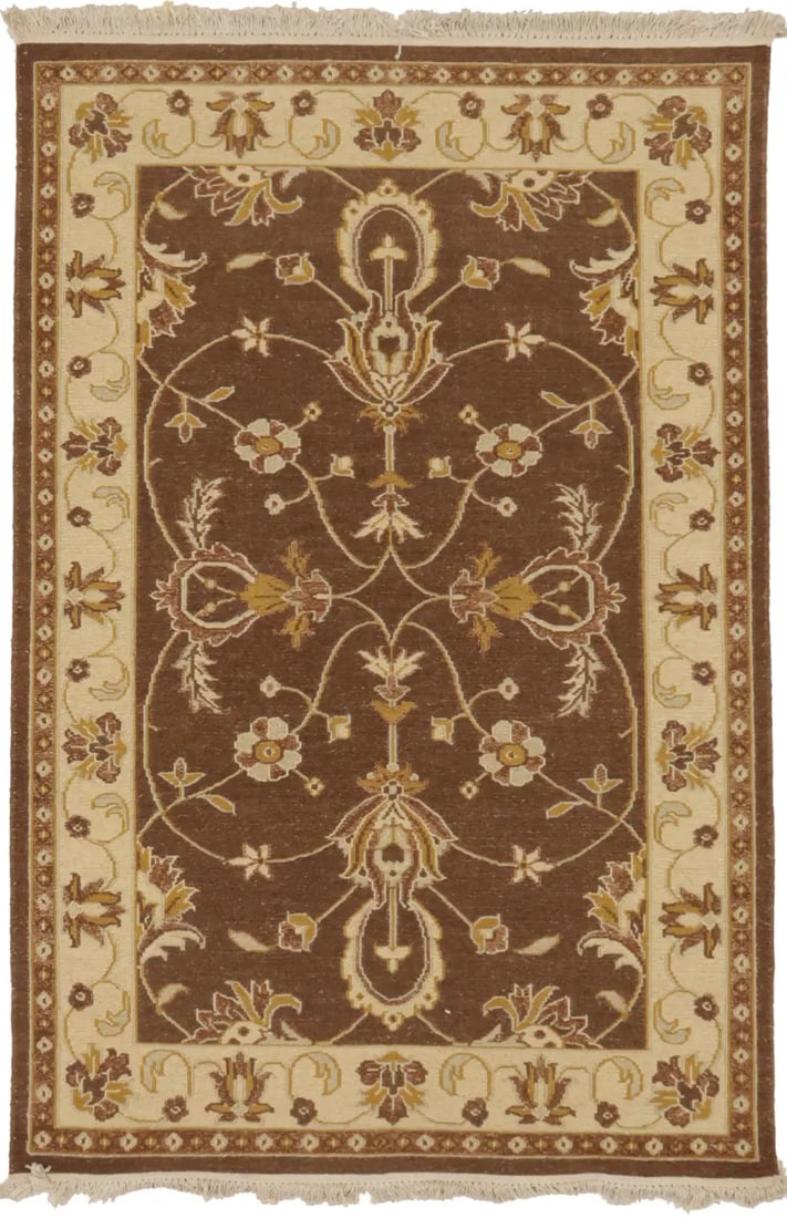 Handmade Sumak Wool Area Rug 3'11 x 6' Floral Pattern Brown Modern: Handmade Sumak Wool Area Rug 3'11 x 6' Floral Pattern Brown Modern This hand-knotted Sumak area rug features a brown, cream, and gold floral design, offering a blend of traditional and modern style. M