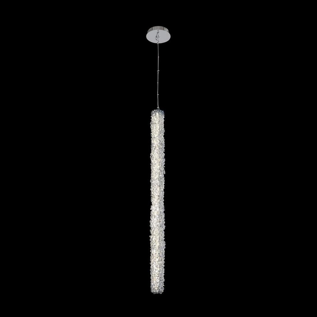 Kalco Lina Chrome Crystal LED Foyer Light Dimmable 38 Inch: Kalco Lina Chrome Crystal LED Foyer Light Dimmable 38 Inch Illuminate your space with the Elegant Lina Chrome Crystal Foyer Light. This stunning fixture features a contemporary design, showcasing a sl