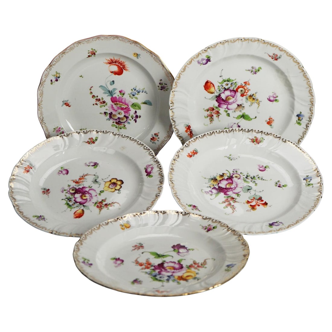 Set of 5 Antique Meissen Porcelain Plates Hand Painted Flowers Gilt C1900: Set of 5 Antique Meissen Porcelain Plates Hand Painted Flowers Gilt C1900 Discover a remarkable set of five antique Meissen porcelain plates, beautifully crafted with hand-painted garden flowers and e