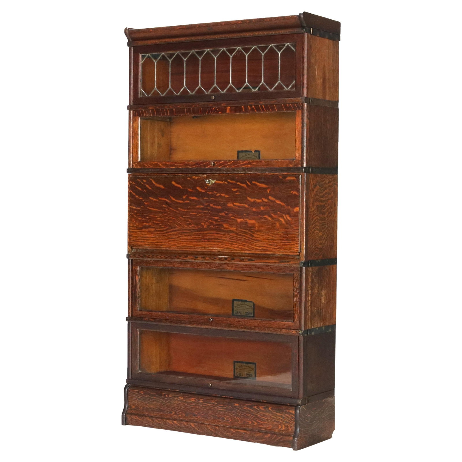 Globe Wernicke C1920 Mission Oak Barrister Bookcase with Leaded Glass and Desk: Globe Wernicke C1920 Mission Oak Barrister Bookcase with Leaded Glass and Desk Discover a stunning Globe Wernicke Mission Oak Barrister Bookcase Secretary, crafted around 1920, showcasing the elegance
