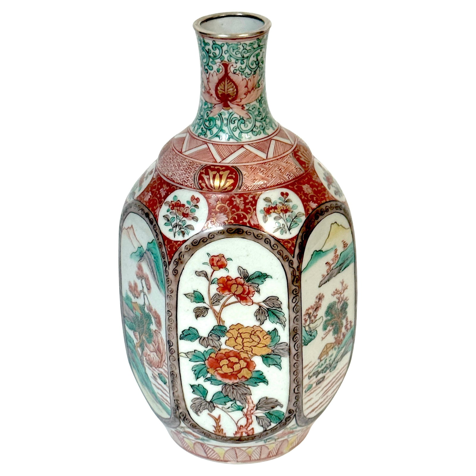 Fukagawa Meiji Hexagonal Imari Porcelain Vase with Silver Collar: Fukagawa Meiji Hexagonal Imari Porcelain Vase with Silver Collar This exquisite Meiji-period Fukagawa Imari porcelain vase is a stunning example of Japanese craftsmanship from the early 20th century. 