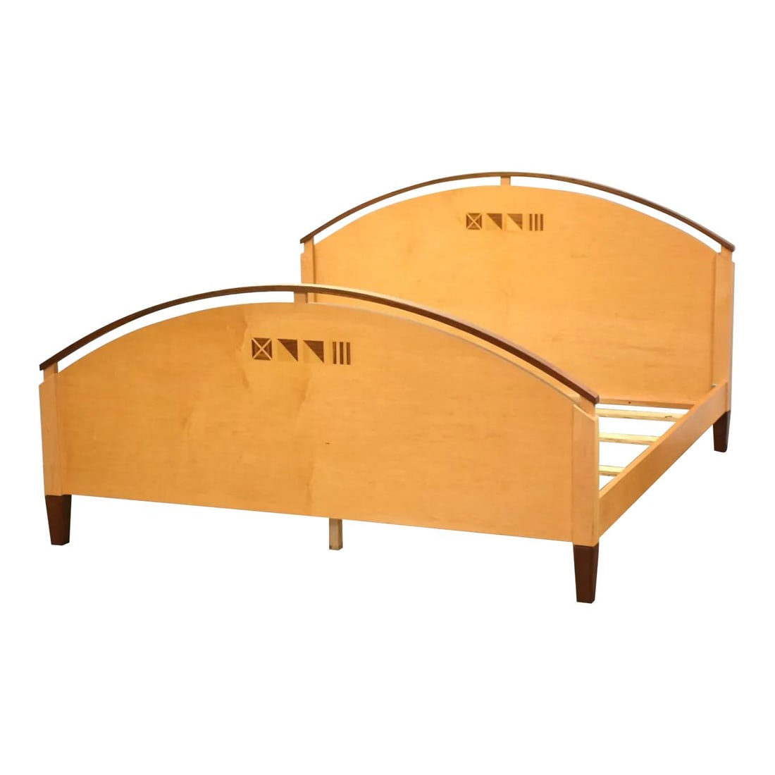1990s Modern King Bed Maple Walnut Inlay 81x86: 1990s Modern King Bed Maple Walnut Inlay 81x86 This exquisite 1990s king bed showcases a stunning combination of maple and walnut, featuring elegant walnut inlay details. The bed stands 48.5 inches ta
