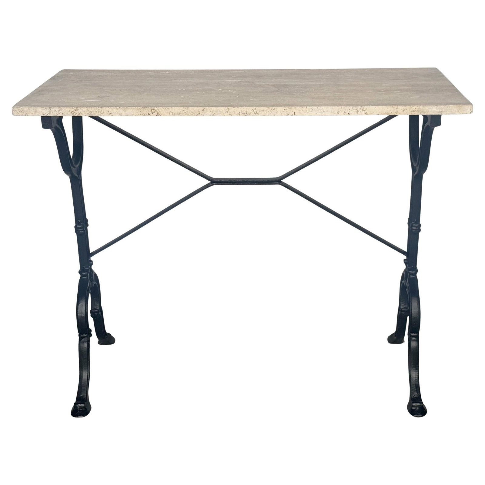 1950s French Modern Wrought Iron Travertine Bistro Table: 1950s French Modern Wrought Iron Travertine Bistro Table Discover the elegance of this French Modern wrought iron and travertine rectangular bistro/garden table, crafted in France circa the 1950s. Thi