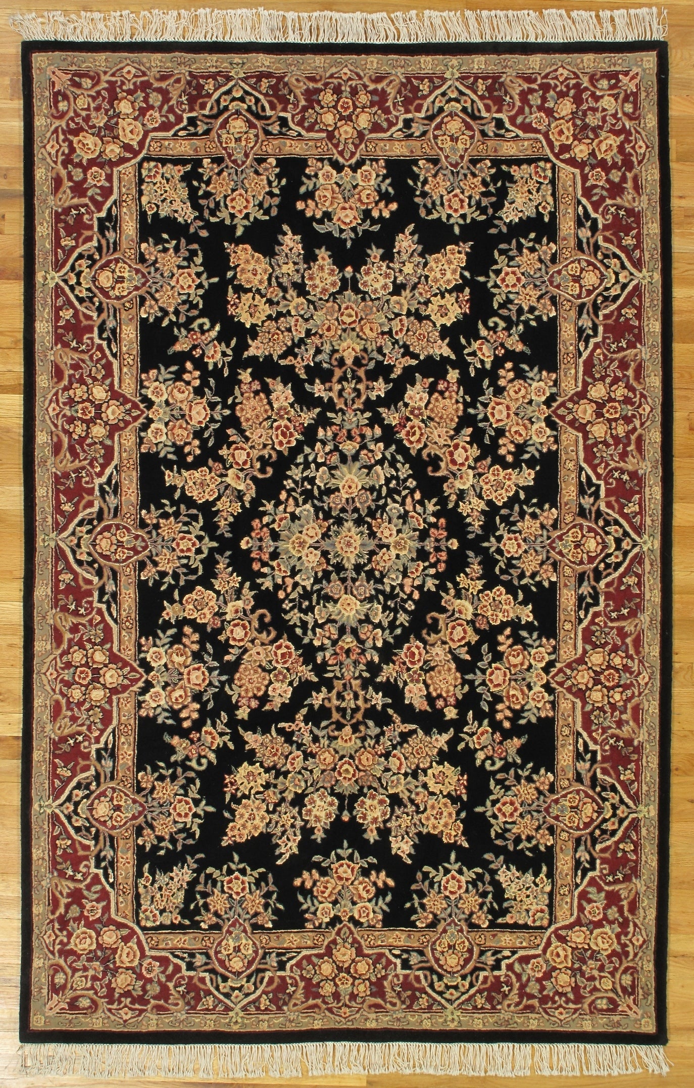 5'4" x 8'3" Handmade Sarouk Area Rug Black Burgundy Green: 5'4" x 8'3" Handmade Sarouk Area Rug Black Burgundy Green Free continental US Shipping Introducing the exquisite 5.4 x 8.3 New Handmade Sarouk Rug, a perfect blend of traditional craftsmanship and mod