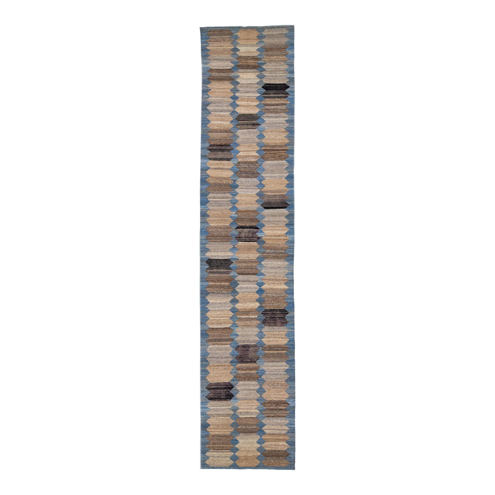 Modern Abstract Blue Brown Wool Kilim Runner 3'5 x 16'1: Modern Abstract Blue Brown Wool Kilim Runner 3'5 x 16'1 Enhance your living space with this stunning 2020s Blue & Brown Flatweave Kilim Wool Runner. Featuring a captivating blue field complemented by 