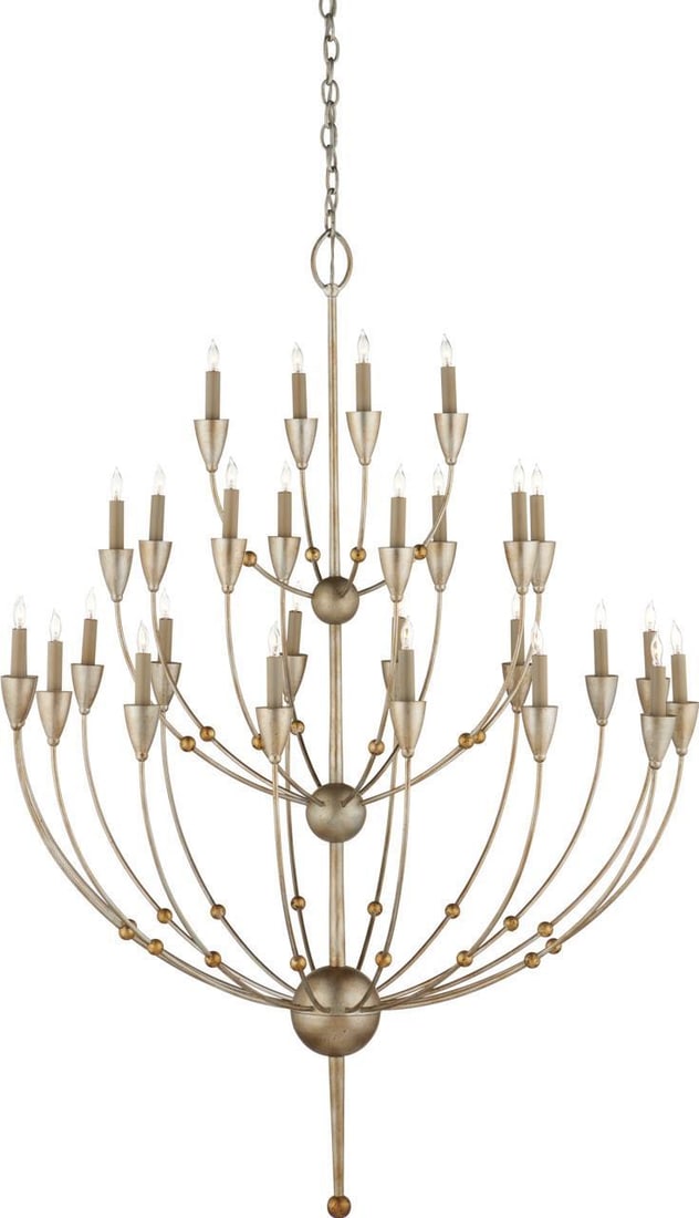 Currey Paradox Modern Silver Bowl Chandelier with Gold Leaf Details: Currey Paradox Modern Silver Bowl Chandelier with Gold Leaf Details Illuminate your space with this stunning Modern Silver Chandelier featuring exquisite Gold Details. This bowl chandelier, part of th