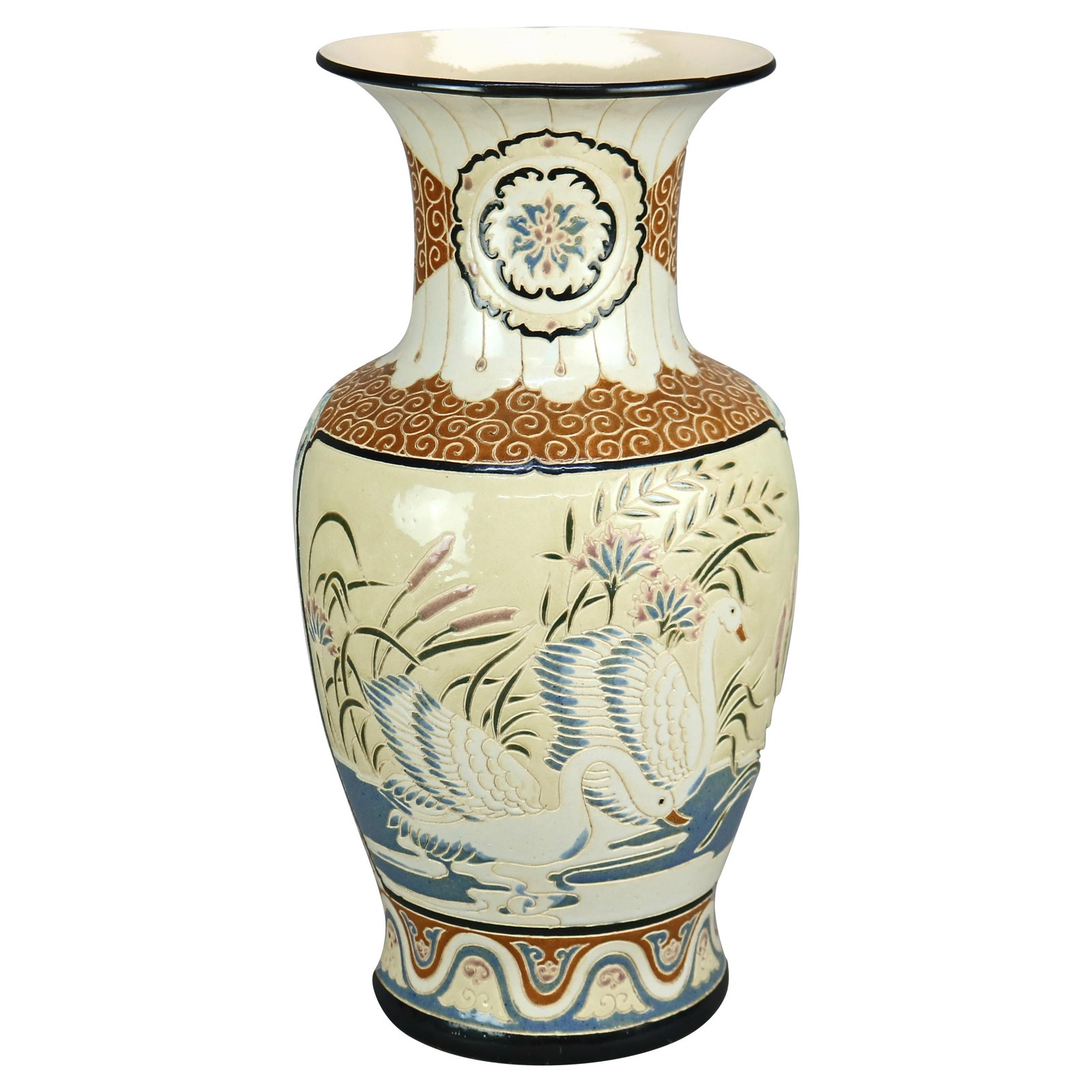 Oversized Antique Satsuma Style Engraved Swan Vase C1920 20.25in: Oversized Antique Satsuma Style Engraved Swan Vase C1920 20.25in This oversized Antique Satsuma style vase, crafted circa 1920, showcases exquisite craftsmanship with intricate engraved designs depict