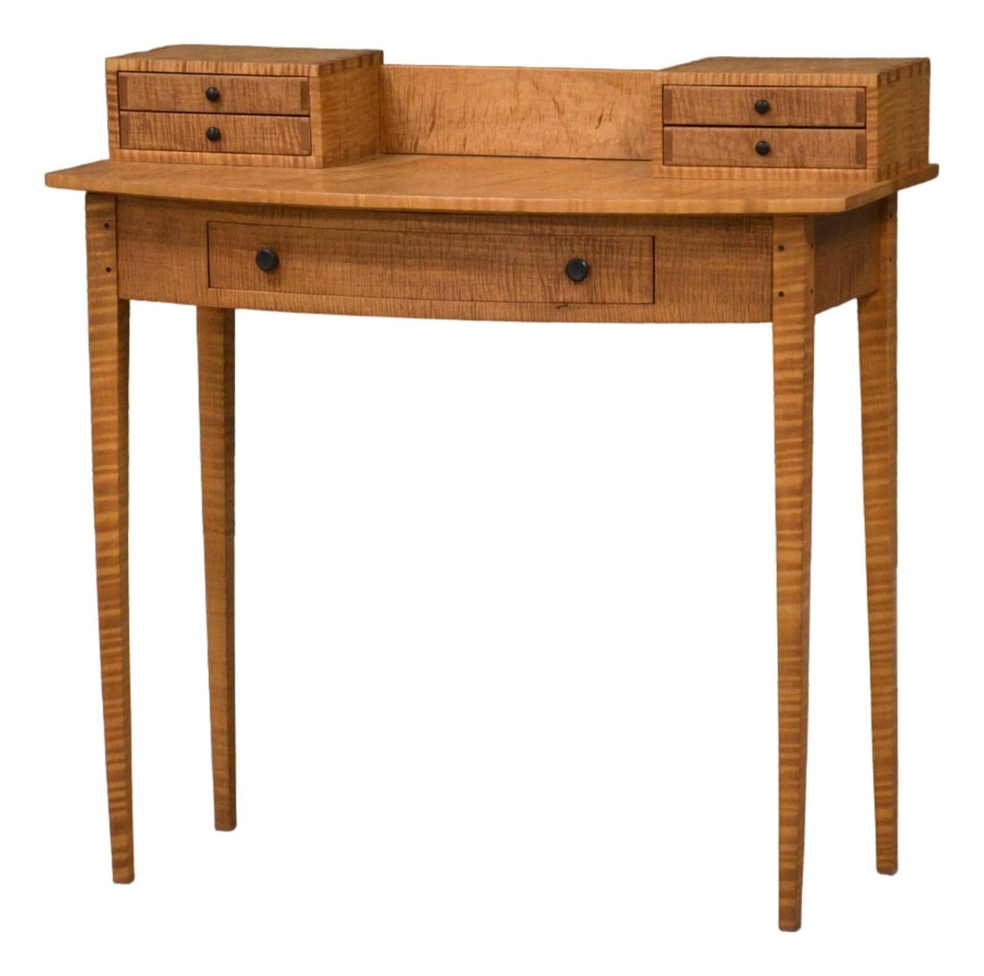 Shaker Style Tiger Maple Secretary Desk Vermont by Robert Gasperetti 1990s: Shaker Style Tiger Maple Secretary Desk Vermont by Robert Gasperetti 1990s This Shaker style secretary desk, crafted by Robert Gasperetti in Vermont during the 1990s, is made from solid curly maple, a