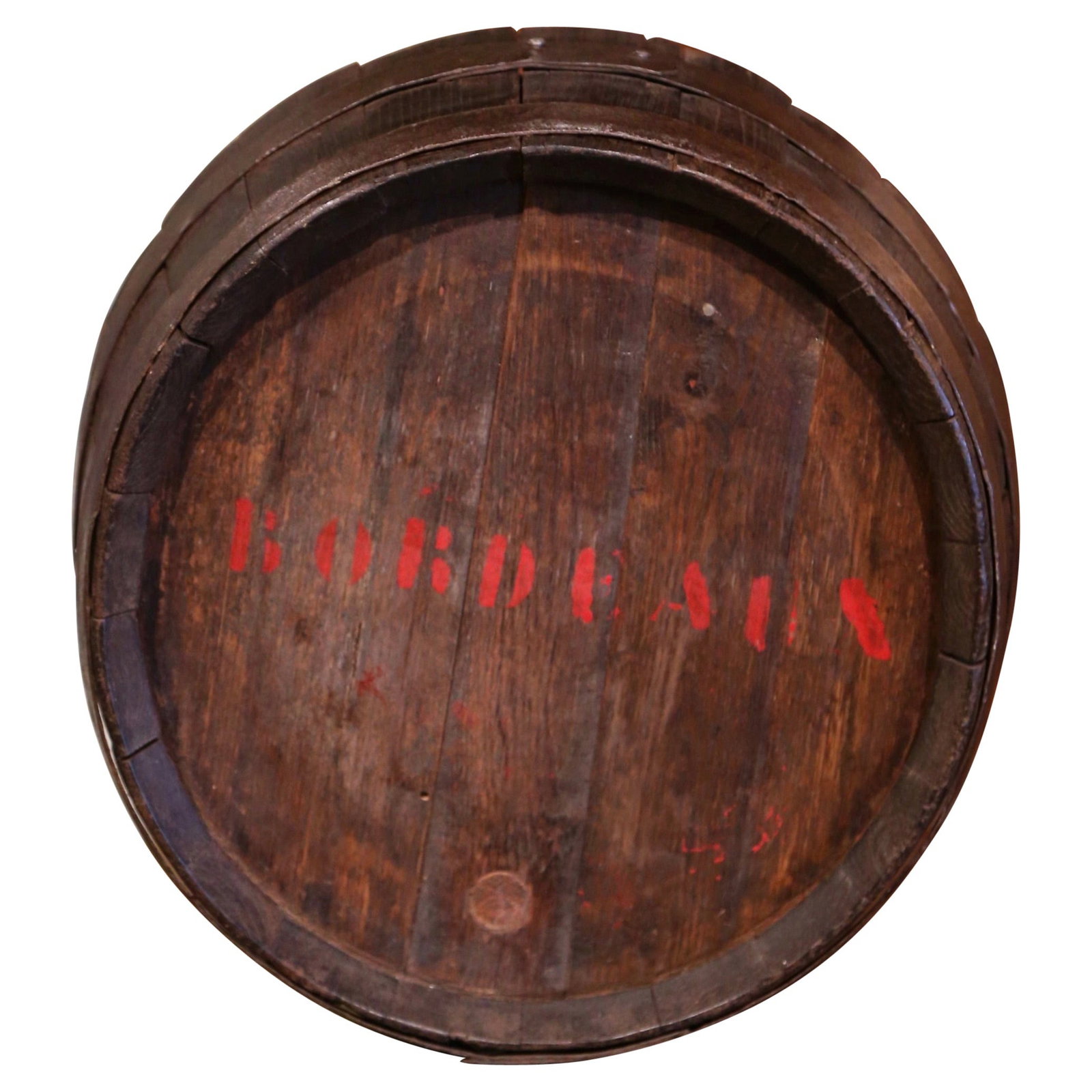 19th Century French Oak and Iron Wine Barrel Top Bordeaux Decor: 19th Century French Oak and Iron Wine Barrel Top Bordeaux Decor This exquisite decorative wine barrel top, originating from the Bordeaux region of France, dates back to the late 19th century, around 1