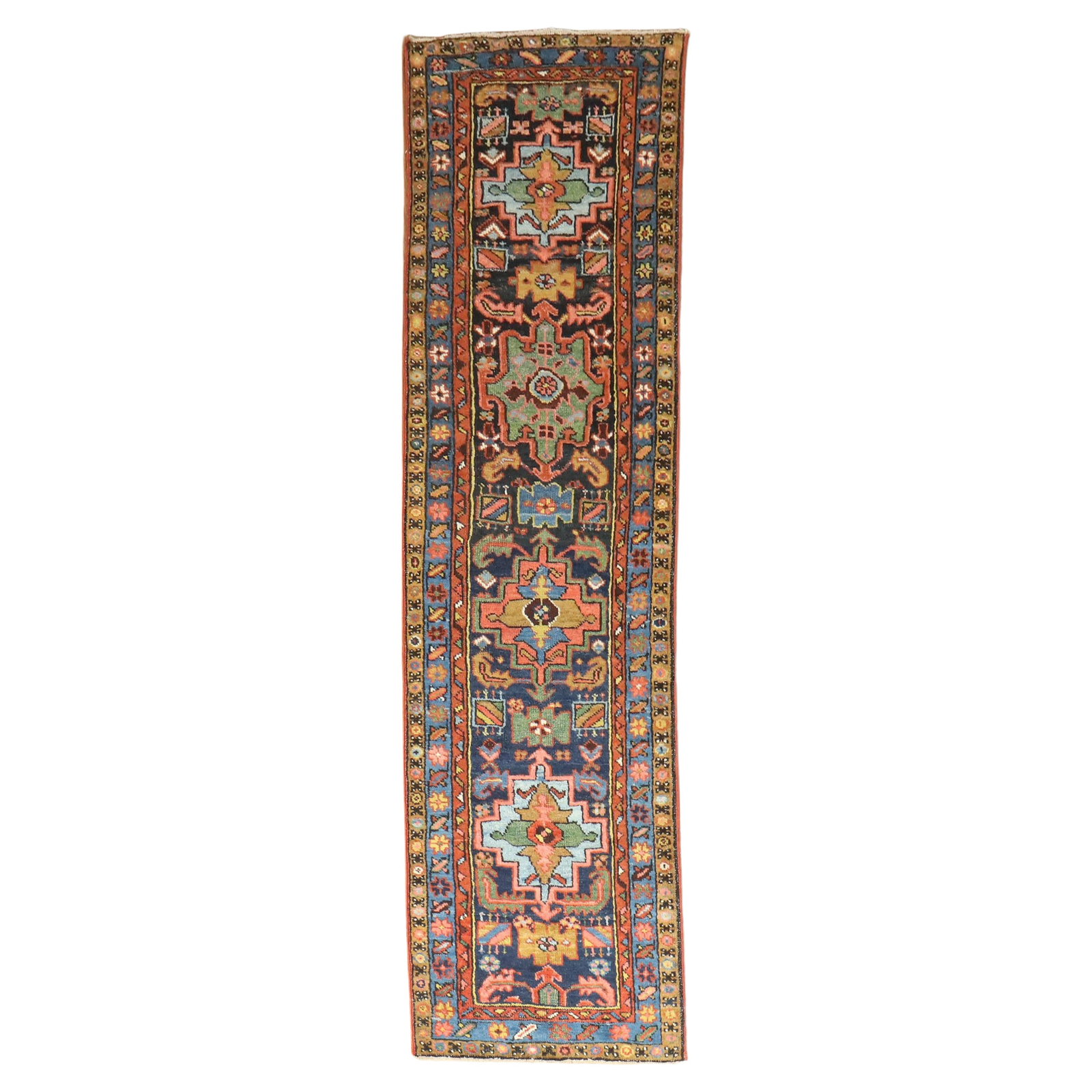 Zabihi Collection Antique Persian Heriz Runner 27 x 102 in Navy Blue: Zabihi Collection Antique Persian Heriz Runner 27 x 102 in Navy Blue Introducing an exquisite antique navy blue narrow Heriz runner, a remarkable addition to any home decor. This carpet features a vib