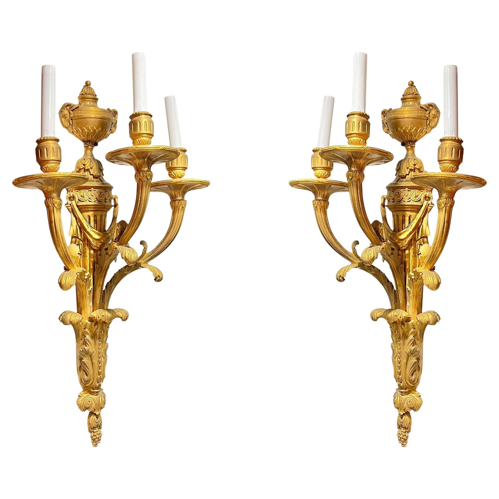 Set of 2 French Louis XVI Gilt Bronze Three-Light Wall Sconces: Set of 2 French Louis XVI Gilt Bronze Three-Light Wall Sconces This pair of large antique gilt bronze three-light sconces features the elegant French Louis XVI style. Dating to the 19th century and or