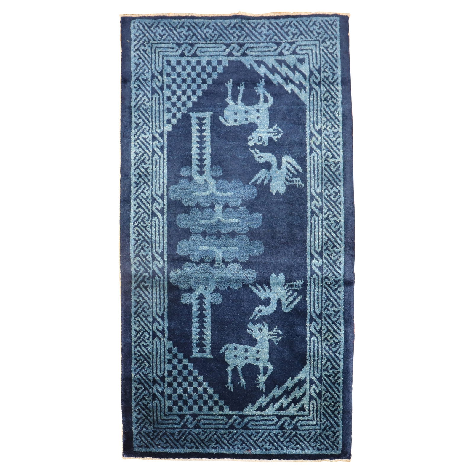 Tibetan Wool Peking Carpet with Animal Motif 27 x 48 in: Tibetan Wool Peking Carpet with Animal Motif 27 x 48 in This exquisite Chinese Peking carpet features a captivating pictorial animal motif set against a rich midnight blue background. Hand-woven from 