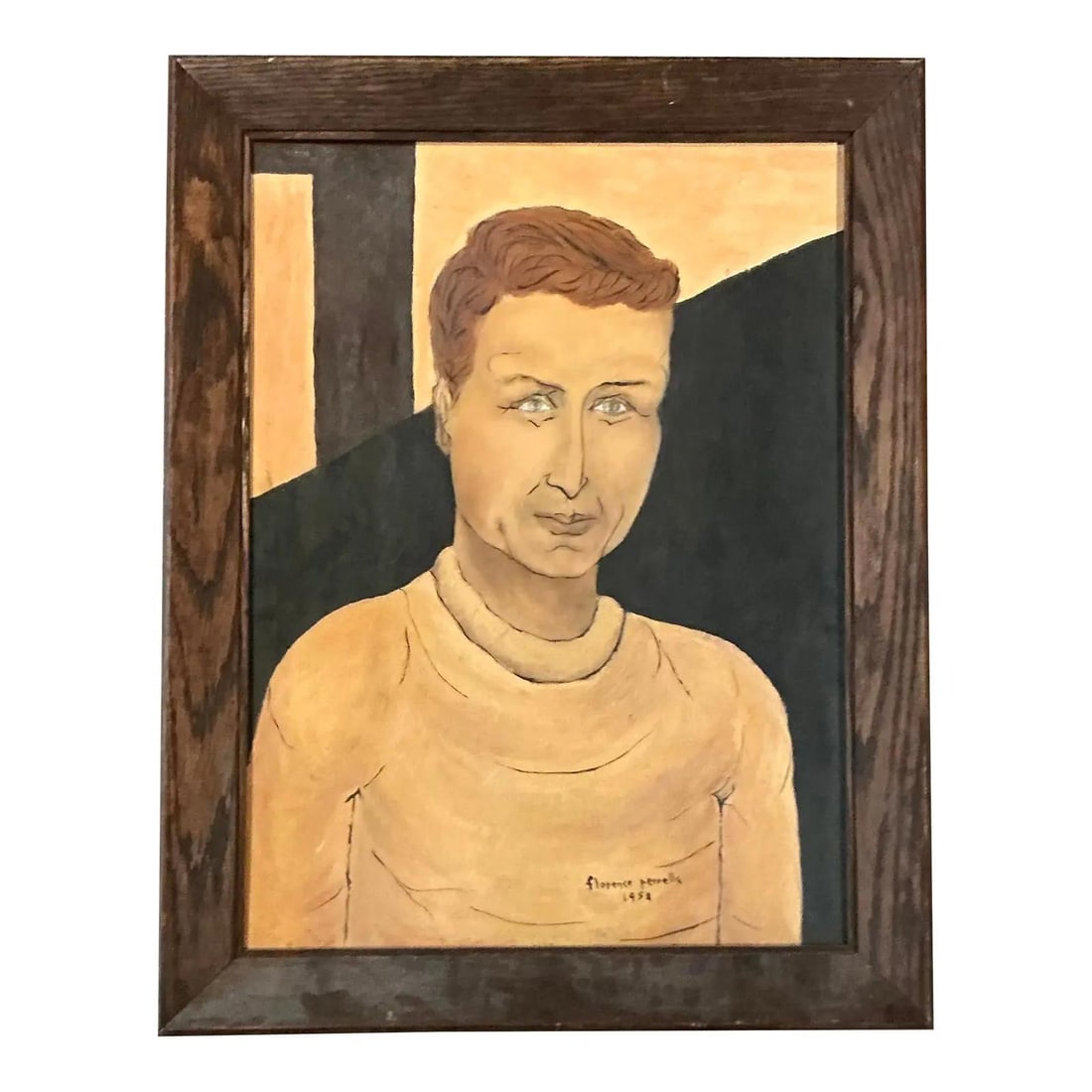 Mid Century 1958 Folk Art Portrait Painting in Original Wood Frame: Mid Century 1958 Folk Art Portrait Painting in Original Wood Frame This original 1958 portrait is a distinctive example of mid-century outsider or folk art, featuring a stylized depiction of a young m