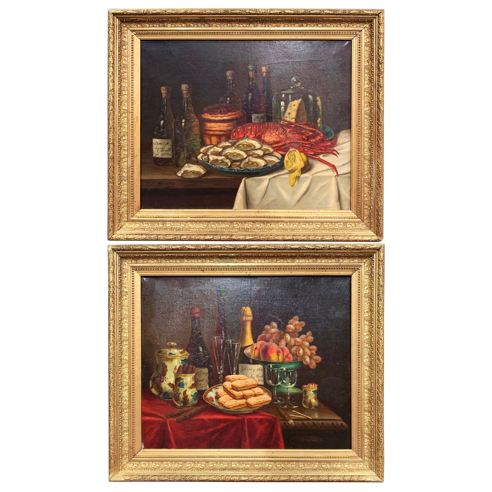 19th Century French Still Life Oil Paintings Set by P. Hemet: 19th Century French Still Life Oil Paintings Set by P. Hemet Enhance your space with this exquisite pair of 19th Century French Still Life Oil Paintings, crafted circa 1880. Each painting is set in an