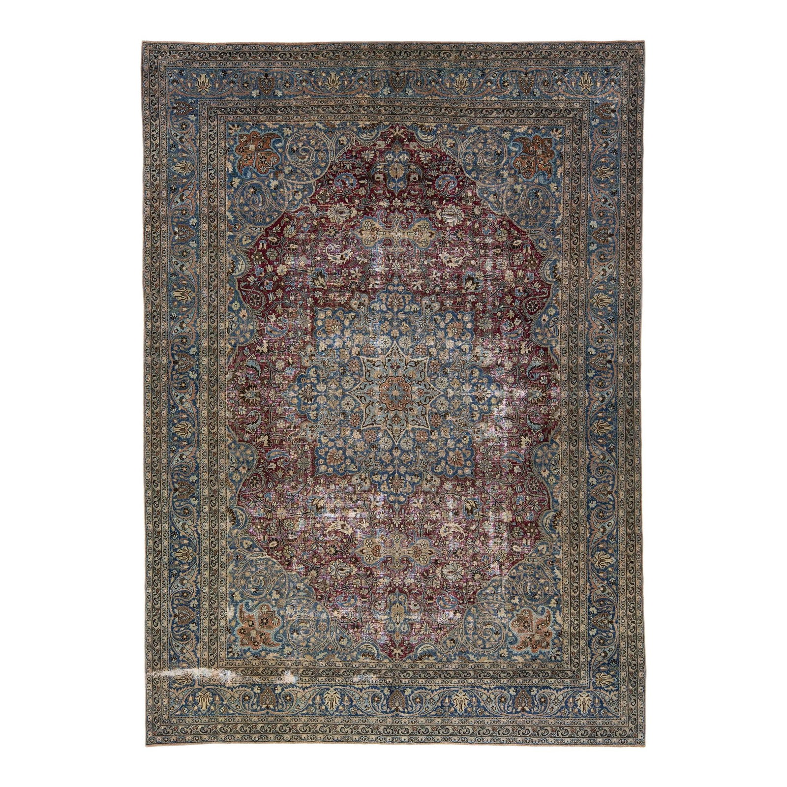 Antique 1920s Handmade Mashad Persian Wool Rug 10'7 x 14'10 Blue Red Medallion: Antique 1920s Handmade Mashad Persian Wool Rug 10'7 x 14'10 Blue Red Medallion This stunning antique Mashad wool rug showcases exquisite hand-knotting craftsmanship from the 1920s. Featuring a vibrant
