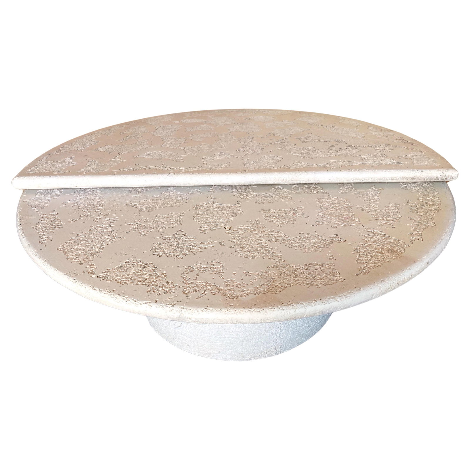 1970s Faux Coquina Stone Two-Tier Kinetic Sphere Coffee Table: 1970s Faux Coquina Stone Two-Tier Kinetic Sphere Coffee Table This 1970s faux coquina stone two-tier kinetic sphere coffee table is a stunning example of modern design, blending natural aesthetics wit