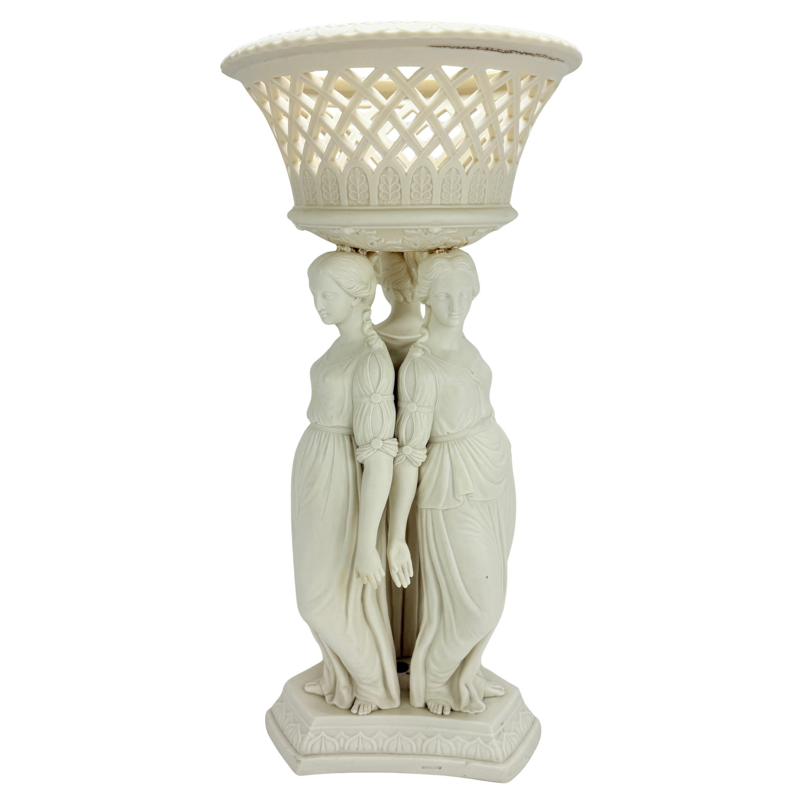19th Century Copeland Parianware 3 Graces Centerpiece C. 1880 England: 19th Century Copeland Parianware 3 Graces Centerpiece C. 1880 England This exquisite 19th Century Copeland Neoclassical Parianware centerpiece, dating circa 1880, showcases the grace of the "3 Graces"
