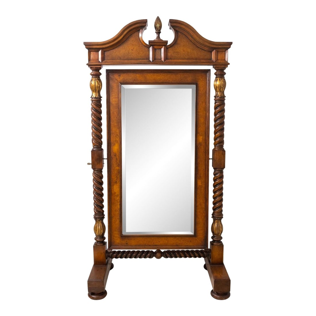 Tall Burl Wood Cheval Mirror With Barley Twist Frame and Beveled Glass: Tall Burl Wood Cheval Mirror With Barley Twist Frame and Beveled Glass This tall chevel dressing mirror features a traditional design with fine carved details, a pediment top with finial, and bun feet