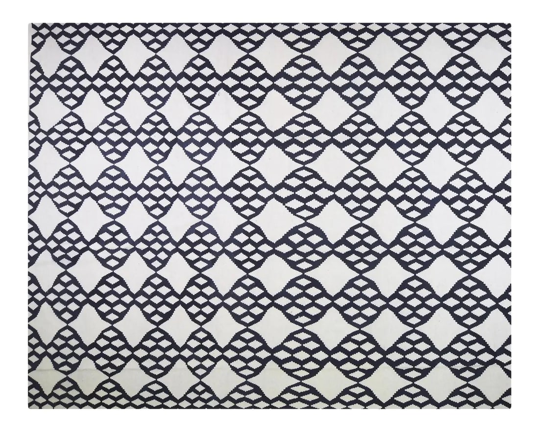 Hand Woven Moroccan Wool Kilim Rug in Natural Tones 10'4" x 13': Hand Woven Moroccan Wool Kilim Rug in Natural Tones 10'4" x 13' This vintage Moroccan kilim is hand woven from organic wool and features natural colors with a fine weave. The rug presents a black colo
