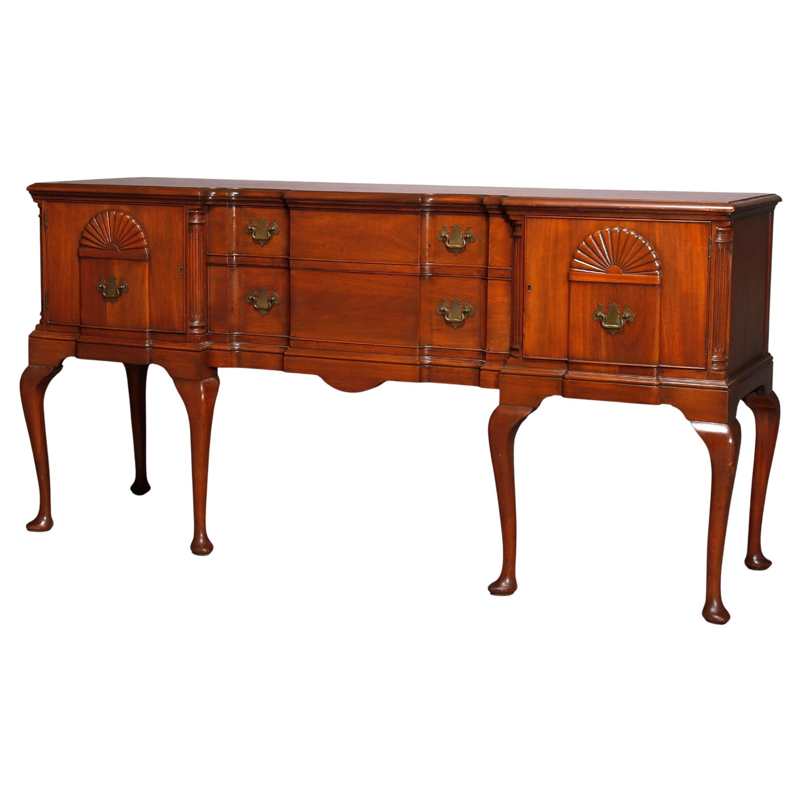 Queen Anne Mahogany Sideboard Block Front Shell Carved C1930: Queen Anne Mahogany Sideboard Block Front Shell Carved C1930 This Queen Anne Style Mahogany Block Front & Shell Carved Sideboard, crafted circa 1930, is a stunning blend of elegance and functionality.