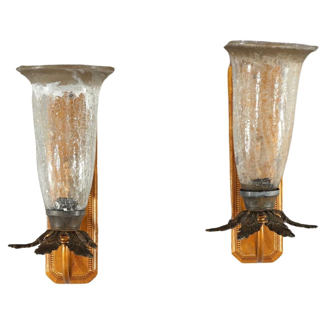 Set of Two Crackled Glass Fleur-de-lis Wall Sconces Mid-Century Modern Style: Set of Two Crackled Glass Fleur-de-lis Wall Sconces Mid-Century Modern Style This set includes two Mid-Century Modern wall sconces featuring a French style design. Each sconce is adorned with a fleur-