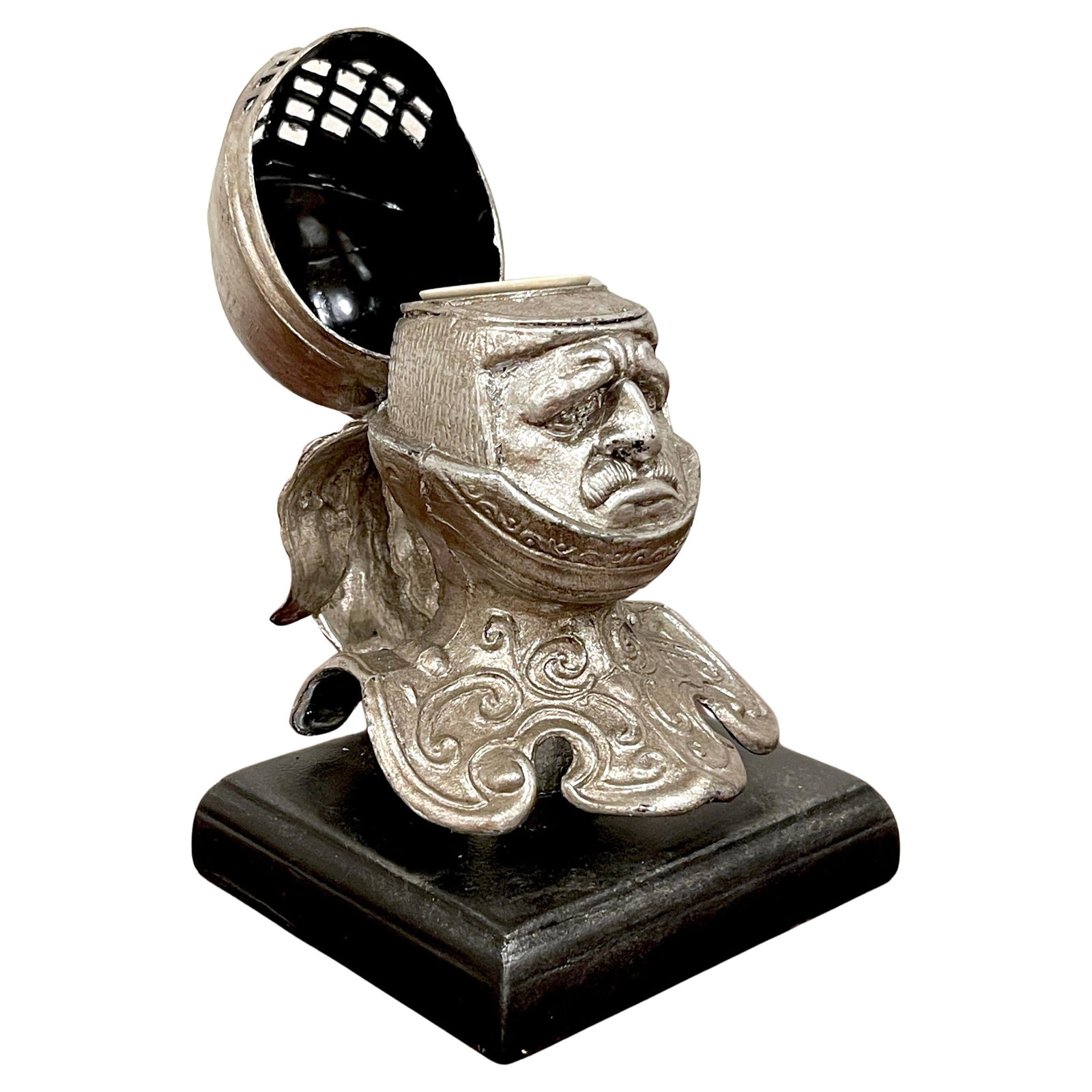 19th Century English Renaissance Silvered Metal Knight Inkwell: 19th Century English Renaissance Silvered Metal Knight Inkwell This 19th Century English Silvered Metal 'Worried Knight' Inkwell features a whimsical design that adds a classical touch to any home or 
