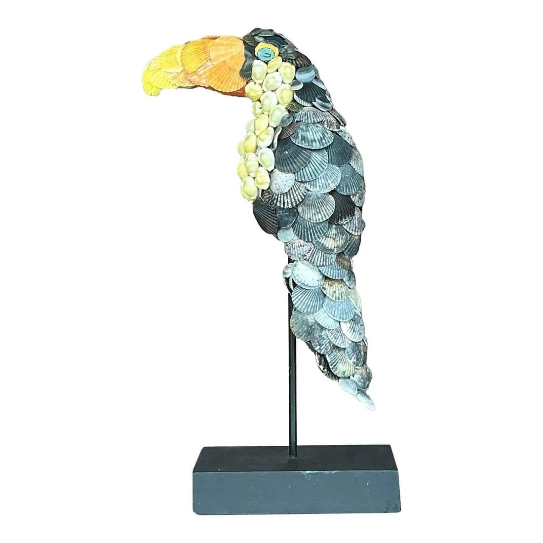 Handcrafted Shell Mosaic Toucan Sculpture on Stand 17" Tall Vintage Coastal Decor: Handcrafted Shell Mosaic Toucan Sculpture on Stand 17" Tall Vintage Coastal Decor This vintage toucan sculpture captures coastal charm with its vibrant figure encrusted in an array of natural seashell