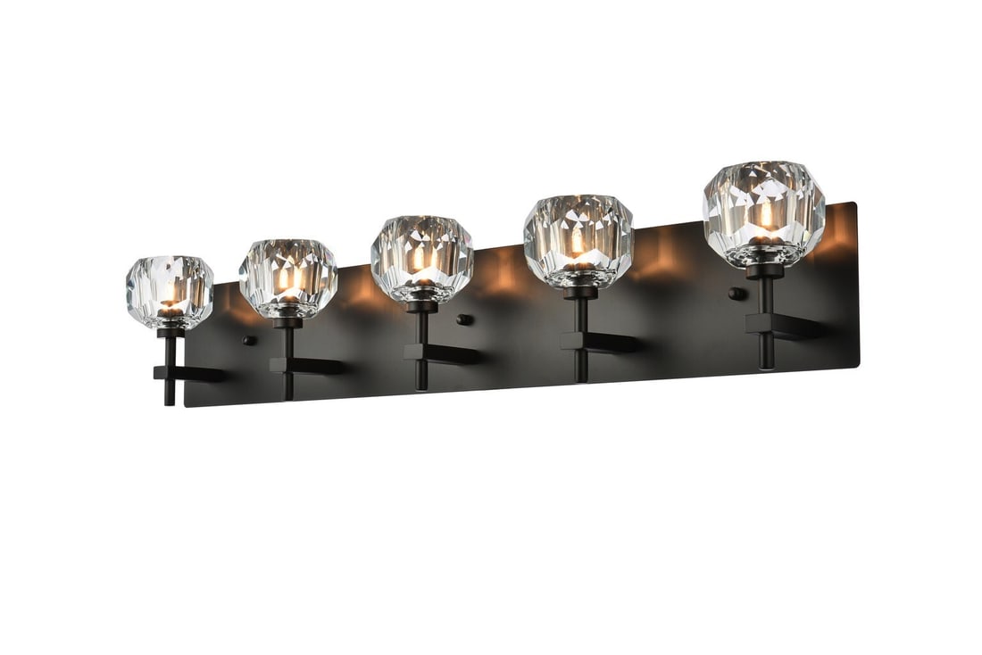 Graham Black Crystal 5-Light Modern Wall Sconce for Bathroom or Bedroom: Graham Black Crystal 5-Light Modern Wall Sconce for Bathroom or Bedroom This modern wall sconce features five lights with clear crystal shades and a sleek black finish. Designed for indoor use, it is 