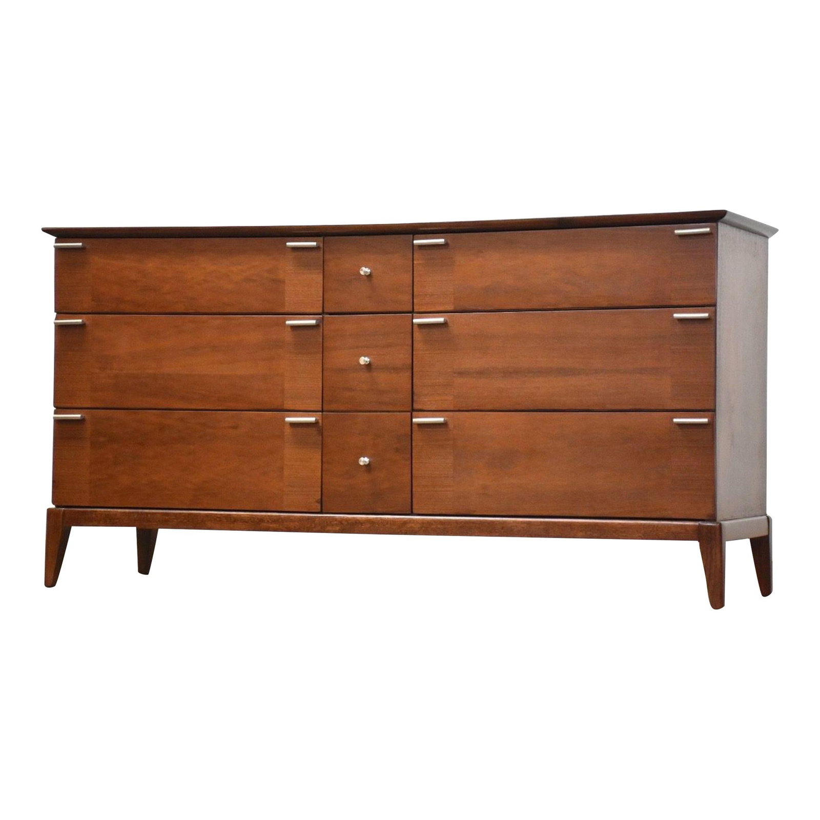 Mid Century Modern Walnut Dresser United Furniture 1960s: Mid Century Modern Walnut Dresser United Furniture 1960s This stunning mid-century modern dresser boasts a refined walnut finish, featuring nine spacious drawers that provide ample storage. Crafted by