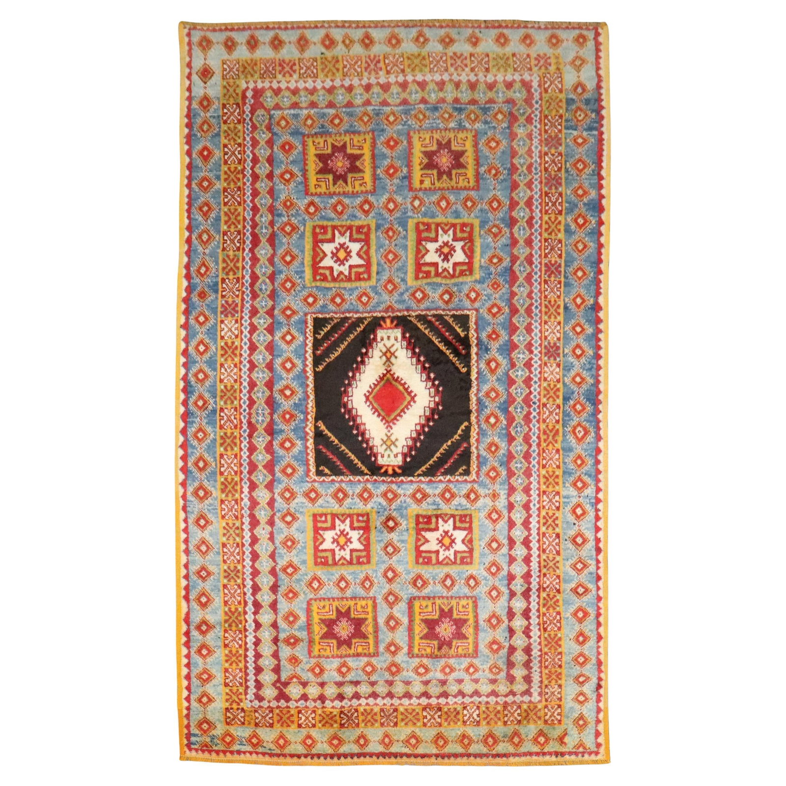 5' x 8'1" Wool Moroccan Rug with Blue Geometric Bohemian Pattern: 5' x 8'1" Wool Moroccan Rug with Blue Geometric Bohemian Pattern This vintage Moroccan rug features a blue geometric design in a bohemian style. Hand-woven from wool, it dates to the mid-20th century 