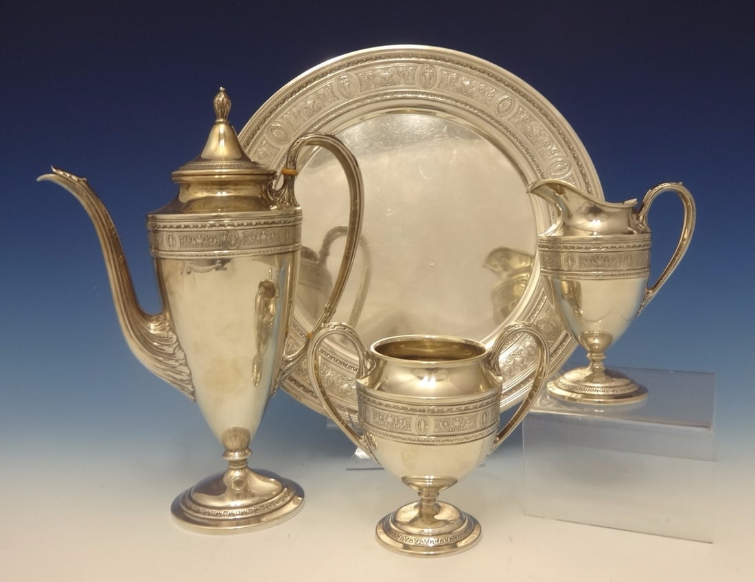 Wedgwood International Sterling Silver 3pc Demitasse Tea Set with Tray: Wedgwood International Sterling Silver 3pc Demitasse Tea Set with Tray This exquisite 3-piece demitasse tea set by International Sterling Silver, featuring the elegant Wedgwood pattern, captures the e